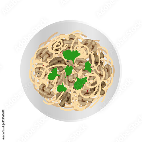 spaghetti pasta with  fried mushrooms and parsley on plate top view vector illustration