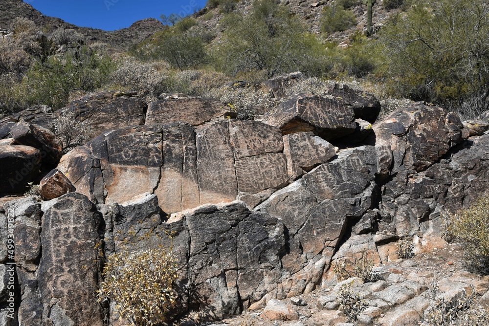 Ancient petroglyphs carved into rock at White Tank Regional Park in Arizona
