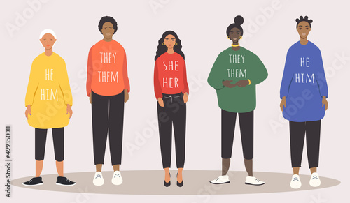 vector illustration on the theme of gender diversity, people with non-binary gender identity, transgender people. people and pronouns. trend illustration in flat style photo