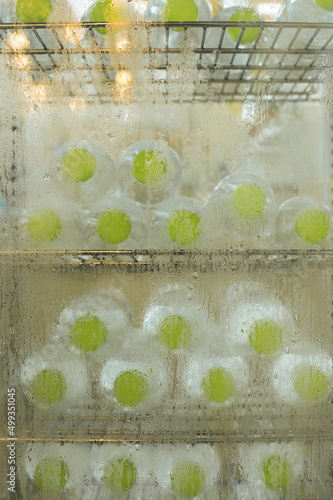 Several natural bottles of water are placed in the chilled refrigerator.