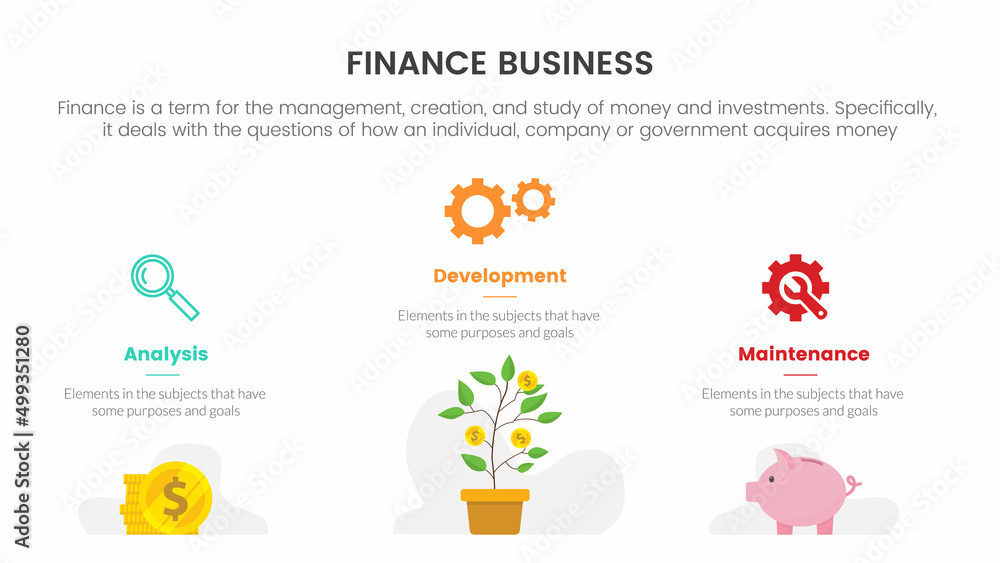 business finance infographic concept with gold coin and money tree investment with for slide presentation with 3 point list