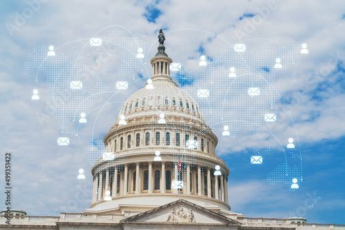 Capitol dome building exterior, Washington DC, USA. Home of Congress and Capitol Hill. American political system. Social media hologram. Concept of networking and establishing new people connections