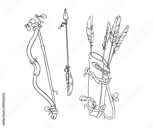 Wooden bow, quiver and arrows for games. Sketch of casual bow. Vector illustration isolated in white background