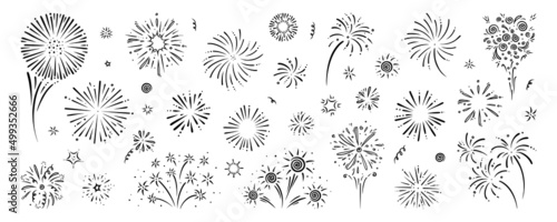 Doodle firework set. Shiny foreworks for parties and celebrations. Vector illustration isolated in white background