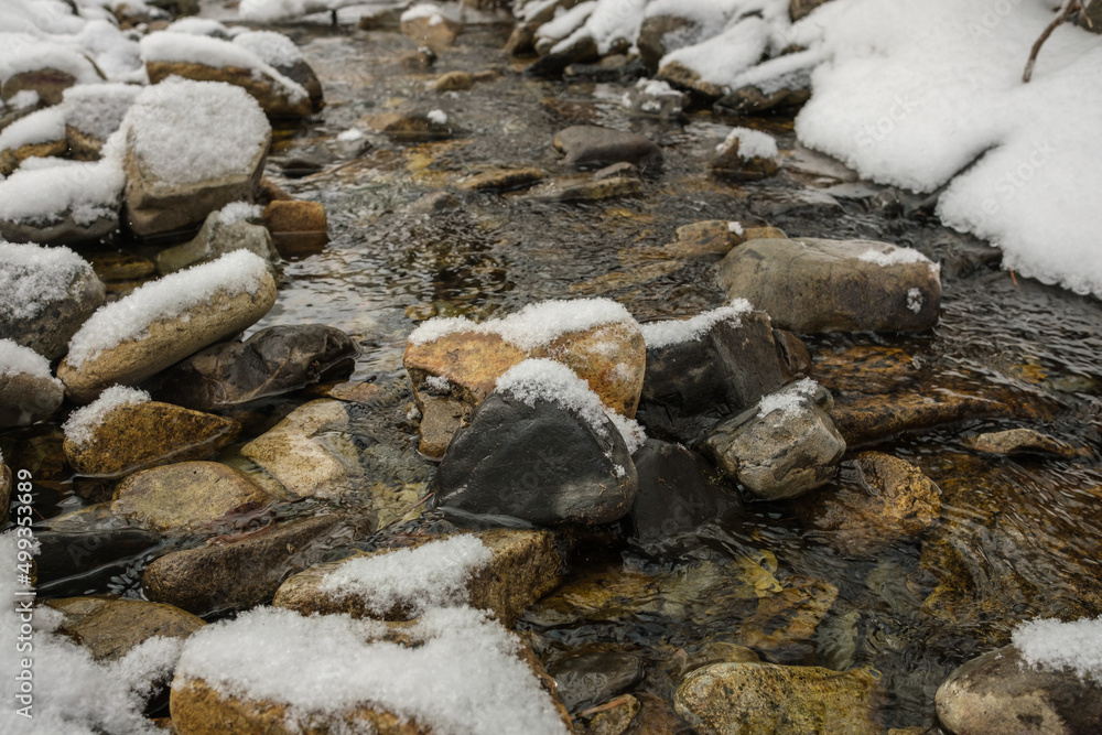 A stream in the snow in winter. A stream in the snow in winter.