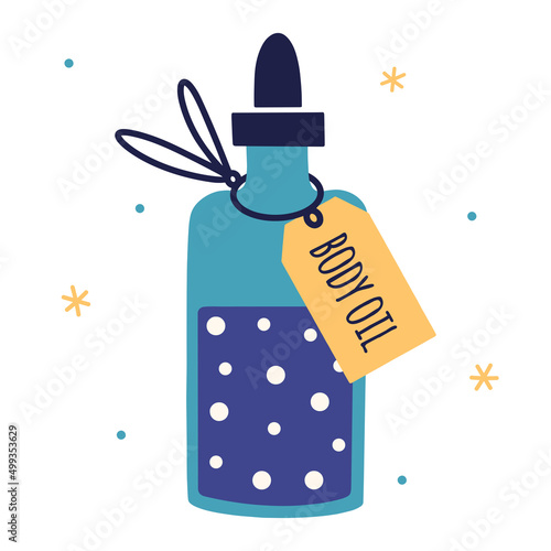 Body oil vector icon. Glass bottle with dropper and eco body care serum. Tube of vegan cosmetics with label. Aroma healing skin lotion. Flat cartoon style, hand drawn illustration isolated on white
