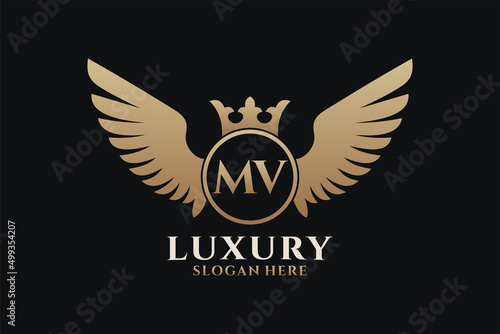 Luxury royal wing Letter MV crest Gold color Logo vector, Victory logo, crest logo, wing logo, vector logo template.