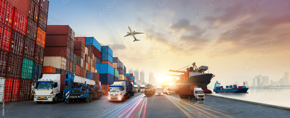 Global business of Container Cargo freight train for Business logistics concept, Air cargo trucking, Rail transportation and maritime shipping, Online goods orders worldwide - obrazy, fototapety, plakaty 