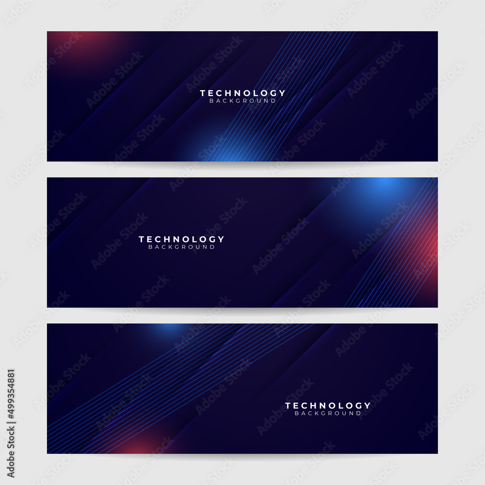Fototapeta premium Set of blue futuristic science technology network particles waves lines mesh AI banner background. Vector abstract graphic design banner pattern background web template.