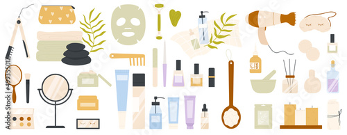 Personal care products set for face or body skin and hair hygiene vector illustration. Cartoon cosmetic items, makeup and grooming tools, towels isolated on white. Beauty, home bathroom concept