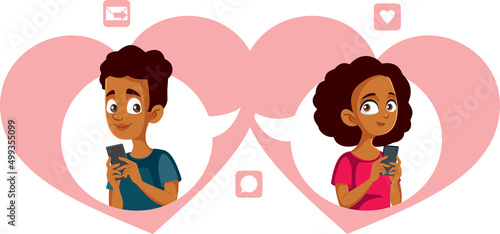 Teenage Couple Exchanging Love Texts Vector Cartoon Illustration