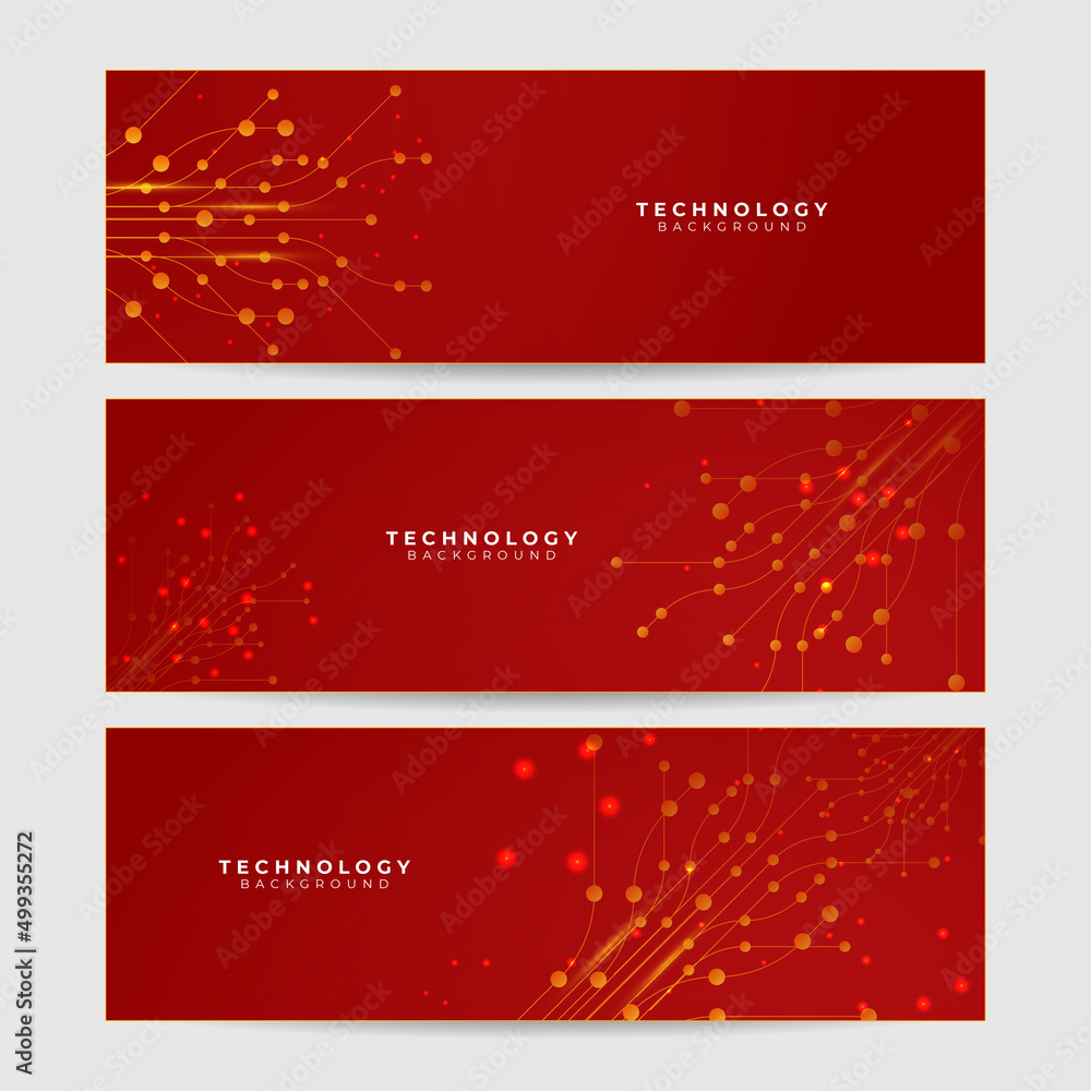 Futuristic technology digital abstract red colorful design banner. Abstract red banner background with particles and wave shapes. Vector abstract graphic design banner pattern background web template.