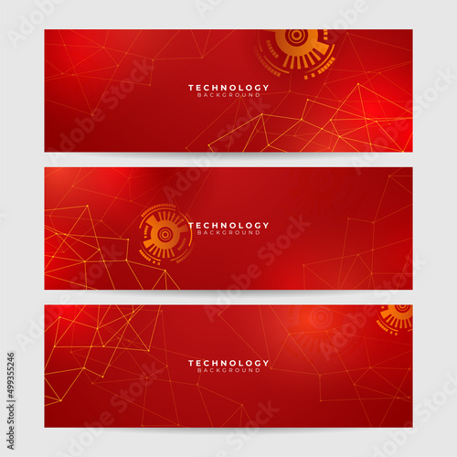Futuristic technology digital abstract red colorful design banner. Abstract red banner background with particles and wave shapes. Vector abstract graphic design banner pattern background web template.