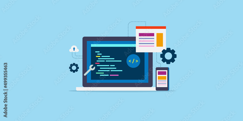 Web development technology, software application programming, coding data on laptop, responsive web design screen. Flat design web banner template. Web development technology, software application programming, coding data on laptop, responsive web design screen. Flat design web banner template.