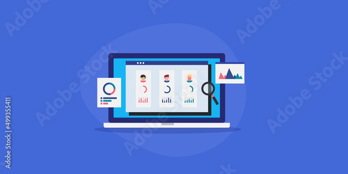 Competitive analysis - market research and industry leading trends monitoring concept, business analytics software displaying competitive data on dashboard, flat design web banner template.