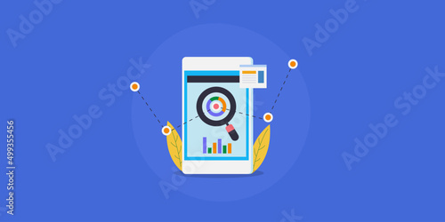 Mobile seo analytics data, increasing mobile web traffic on screen, digital marketing, seo optimization concept. Flat design web banner template.
