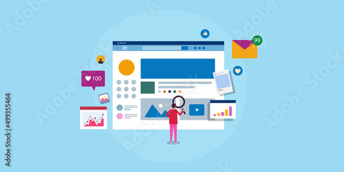 Digital marketing expert analysing social media data insights and successful online business strategy, flat design web banner template.