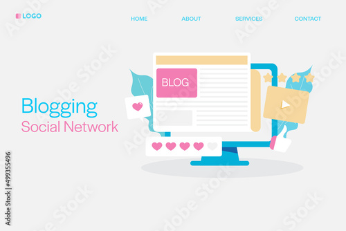 Blog posting, new content post on social media page, sharing information, news with social media audience, flat design web banner template.