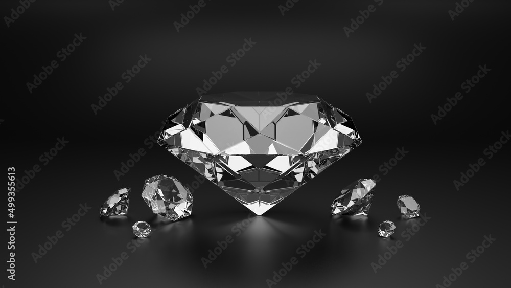 The big one diamond and many small diamonds on black background 3D rendering - obrazy, fototapety, plakaty 