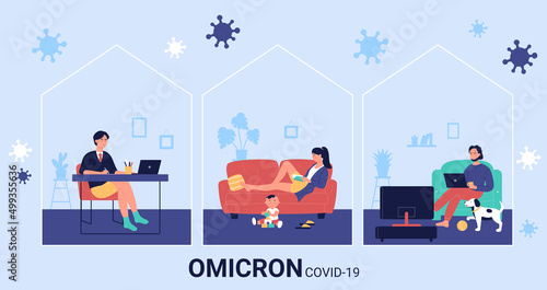 Awareness and social media campaign for self isolation during quarantine. People stay and work at home for flu prevention and precaution of coronavirus omicron diseases flat vector illustration
