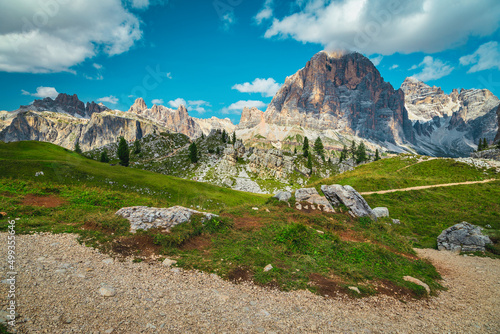Hiking trails on the beautiful mountain slopes, Dolomites, Italy