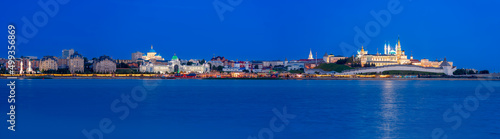 Night panorama city Kazan Kul Sharif Mosque islam and Kremlin river Kazanka, Republic of Tatarstan Russia