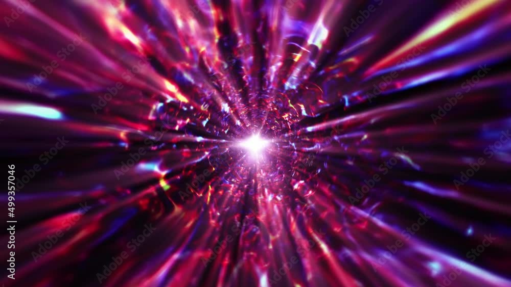 Flying in a colorful abstract fire energy hyper space tunnel concept. 4K bright vortex energy flows glow light seamless loop 3D animation. Plasma energy waves animation tunnel loop explosion effect.
