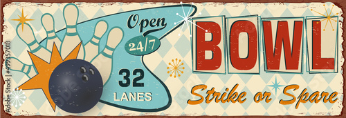 Vintage Bowling metal sign.Retro poster 1950s style.