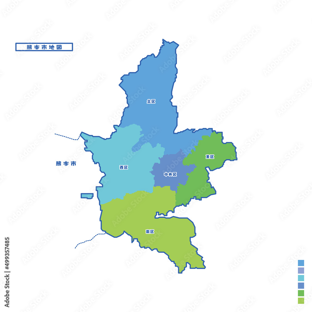 Obraz premium 熊本市行政区・熊本市地図 雨の日カラーで色分けしてみた