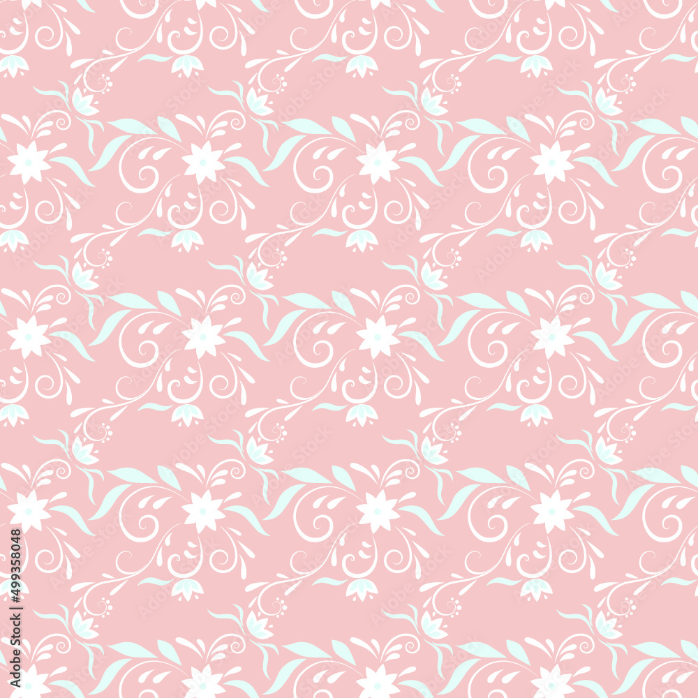 Seamless pattern for wallpaper or fabric. Floral elements on a pink background.