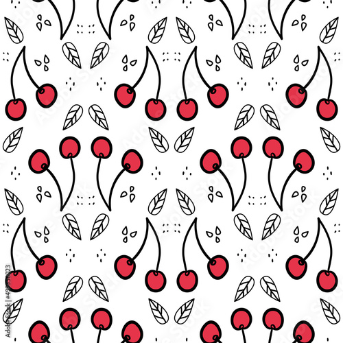 Sweet cherry repeating pattern. Seamless texture with wild berries. Summer motives with fresh healthy food ingredients