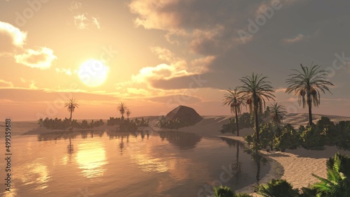 Oasis at sunset in a sandy desert  a panorama of the desert with palm trees  3d rendering