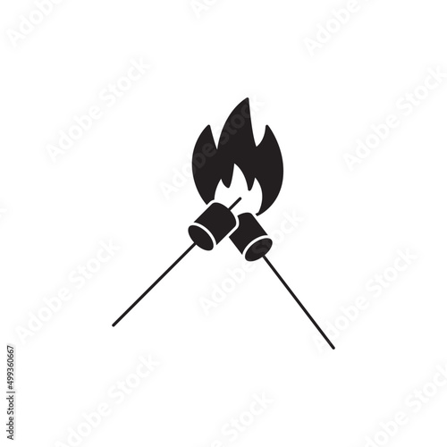 Burning marshmallow icon in black flat glyph, filled style isolated on white background