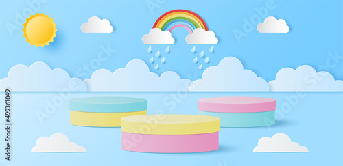 Paper cut of summer banner with pastel color cylinder podium for products display presentation with sun, cloud, rainbow and drops rain. Vector illustration