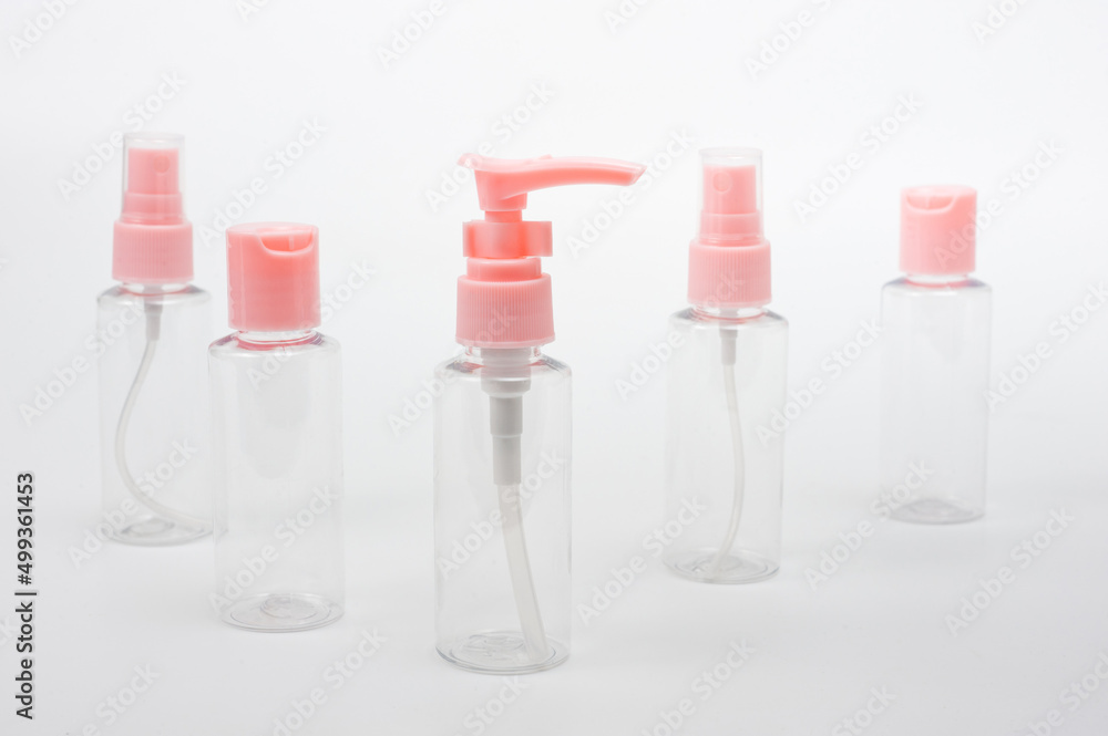 Travel set of plastic transparent containers for cosmetics. Travel set of plastic transparent containers for cosmetics.