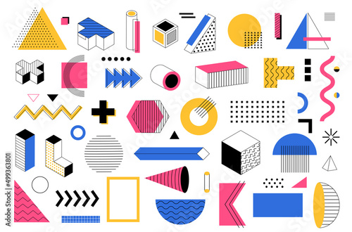 Geometric element. Memphis abstract shapes. Modern geometry. Colorful polygon figures. Cross and arrows. Curve lines. Squares and circles. Minimal forms composition. Vector graphic set