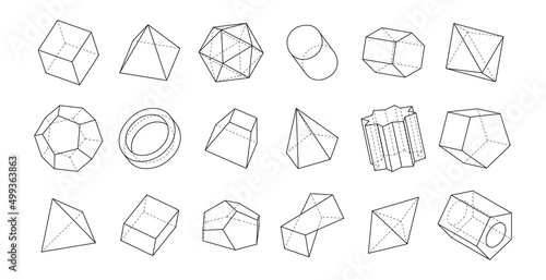 Mathematical figures. Outline 3D geometric shapes. Triangular and hexagonal prisms. Parallelepiped and cylinder. Minimalistic cubes. Torus or pyramid. Vector polygonal line forms set