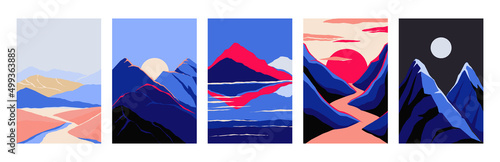 Abstract landscape posters. Modern sunset Boho art. Nature wallpaper. Mountain and river scenery. Night or day rock peaks views. Sunrise sky and cliffs. Vector rocky ridge panoramas set
