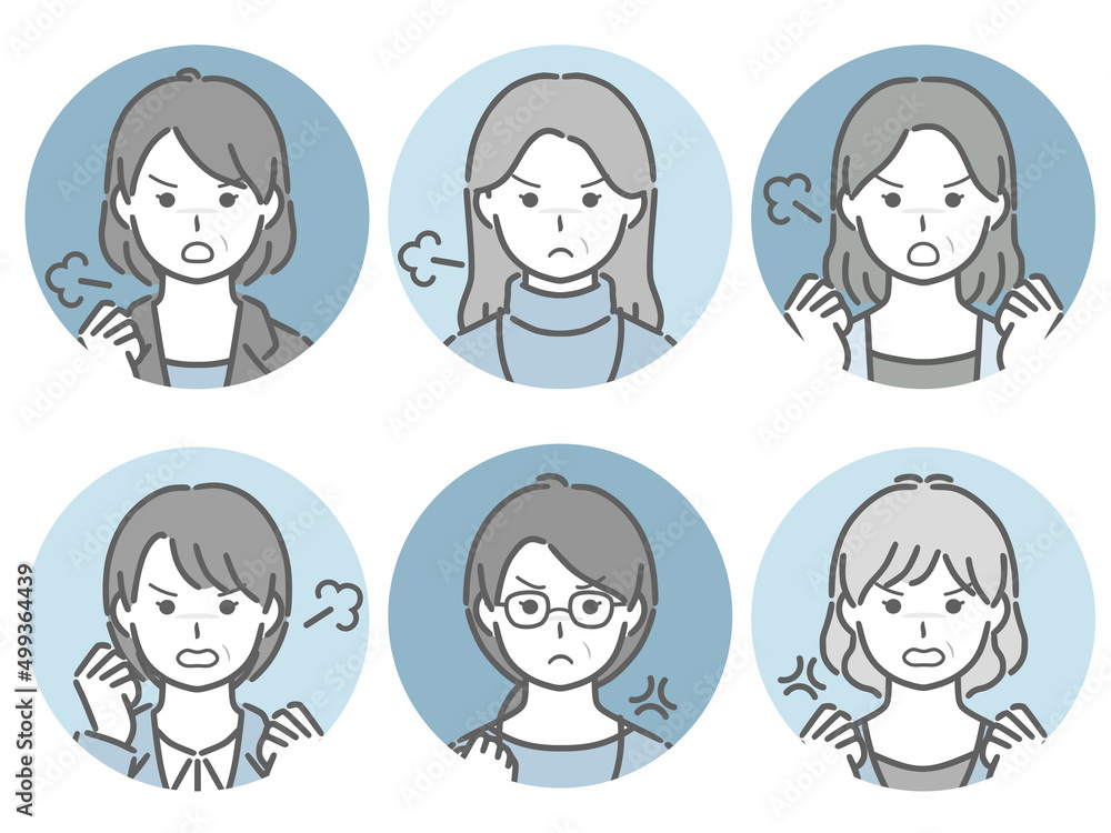 怒る中年女性の丸アイコンセット 怒る中年女性の丸アイコンセット