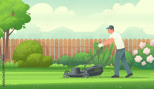 Man cuts the lawn with a lawn mower in the garden. Gardener. Vector illustration