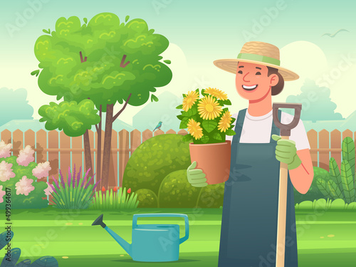 Happy woman gardener dressed in an apron and a hat holds a flower pot and a shovel in her hands against