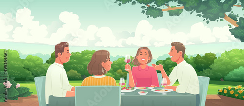 Company of friends, family couples are relaxing in nature in the backyard of the house. People eat, drink, talk and have fun