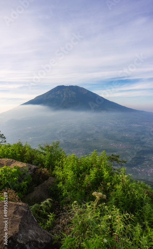 View peak of a mountain with grass and trees foreground and cloudy weather condition. The mountain named Mount Merbabu. This view taken from peak of Mount Telomoyo, Central Java, Indonesia