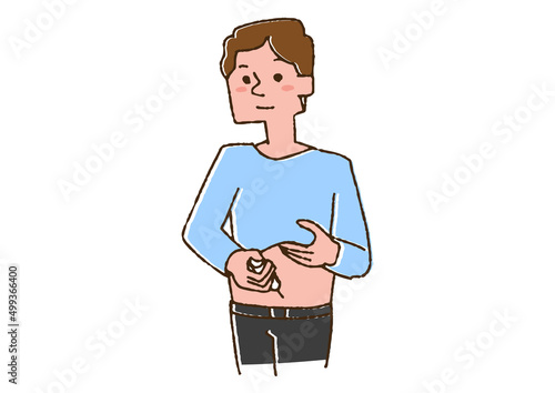 お腹にインスリン注射を打つ男性　コミカルな手書きの人物　ベクター、線画にカラー