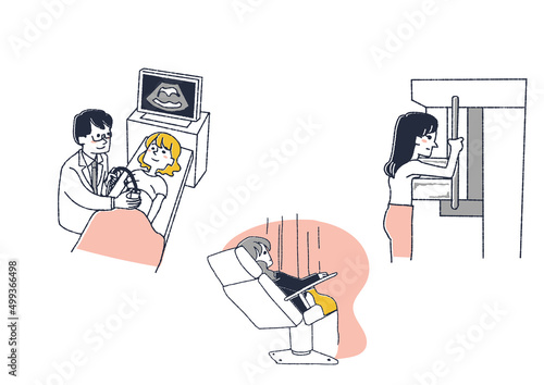 女性特有の検査のイラストセット　コミカルな手書きの人物　ベクター、線画にカラー