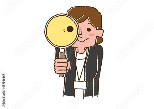 虫眼鏡でじっくり見ている看護師　コミカルな手書きの人物　ベクター、線画にカラー