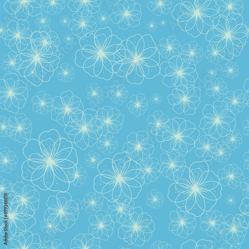 Seamless pattern with abstract flowers. Contour illustration on a blue background. EPS10 vector. 