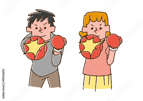 正面にパンチを繰り出す男女　コミカルな手書きの人物　ベクター、線画にカラー