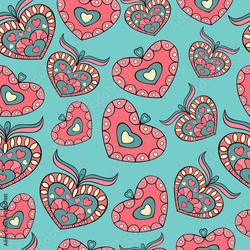 Seamless pattern with colorful hearts on a blue background. Can be used for St. Valentine's Day. EPS10 vector illustration.