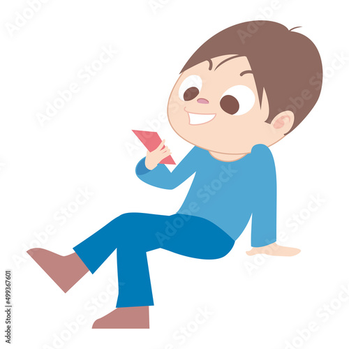 This is an illustration of a boy sitting and playing a game on his smartphone.